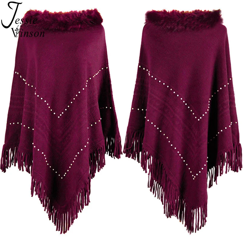 Jessie Vinson Warm Fur Collar Tassels Beading Pullover Sweater Women Winter Elegant Cape Autumn Knitted Cloak Knitwear | Женская одежда