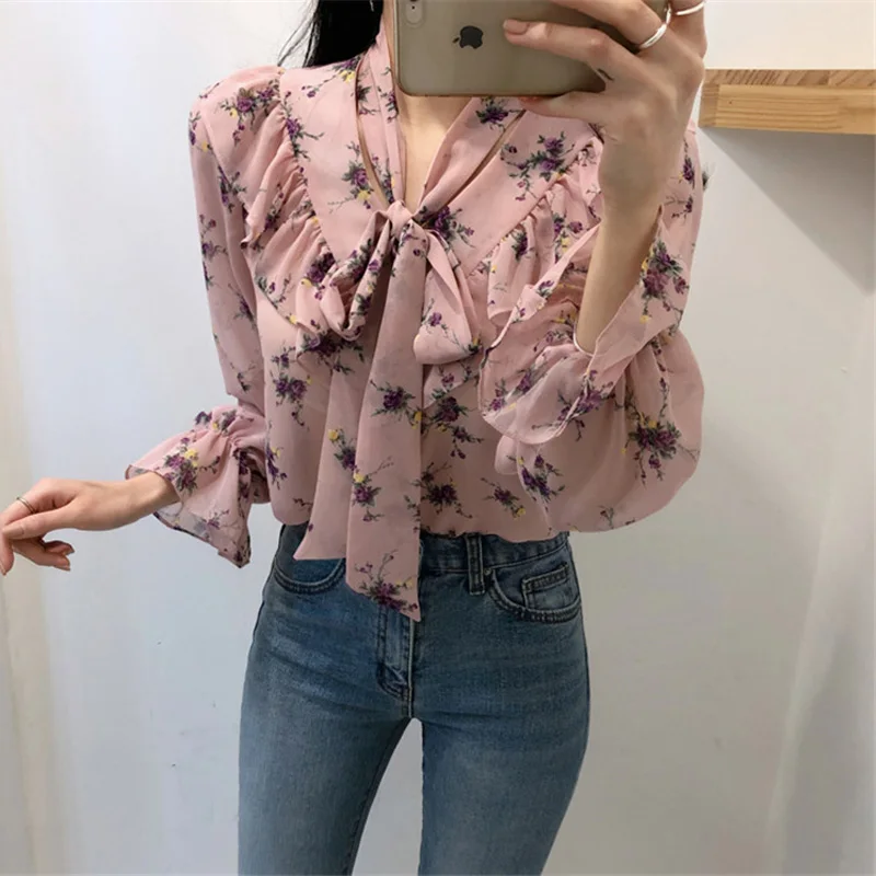 Fashion Printed Bow-neck Loose Women Blouses Shirts Flare Sleeve Lace Up Ruffles Female Tops Shirts 2020 Summer Casual Blusas