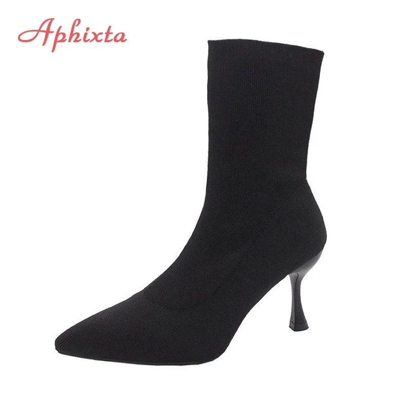 

Aphixta 9cm 7cm 5cm Stretch Fabric Socks Boots Women Black Shoes Elegant Pointed Toe Knitting Elastic Ankle Boots for Women