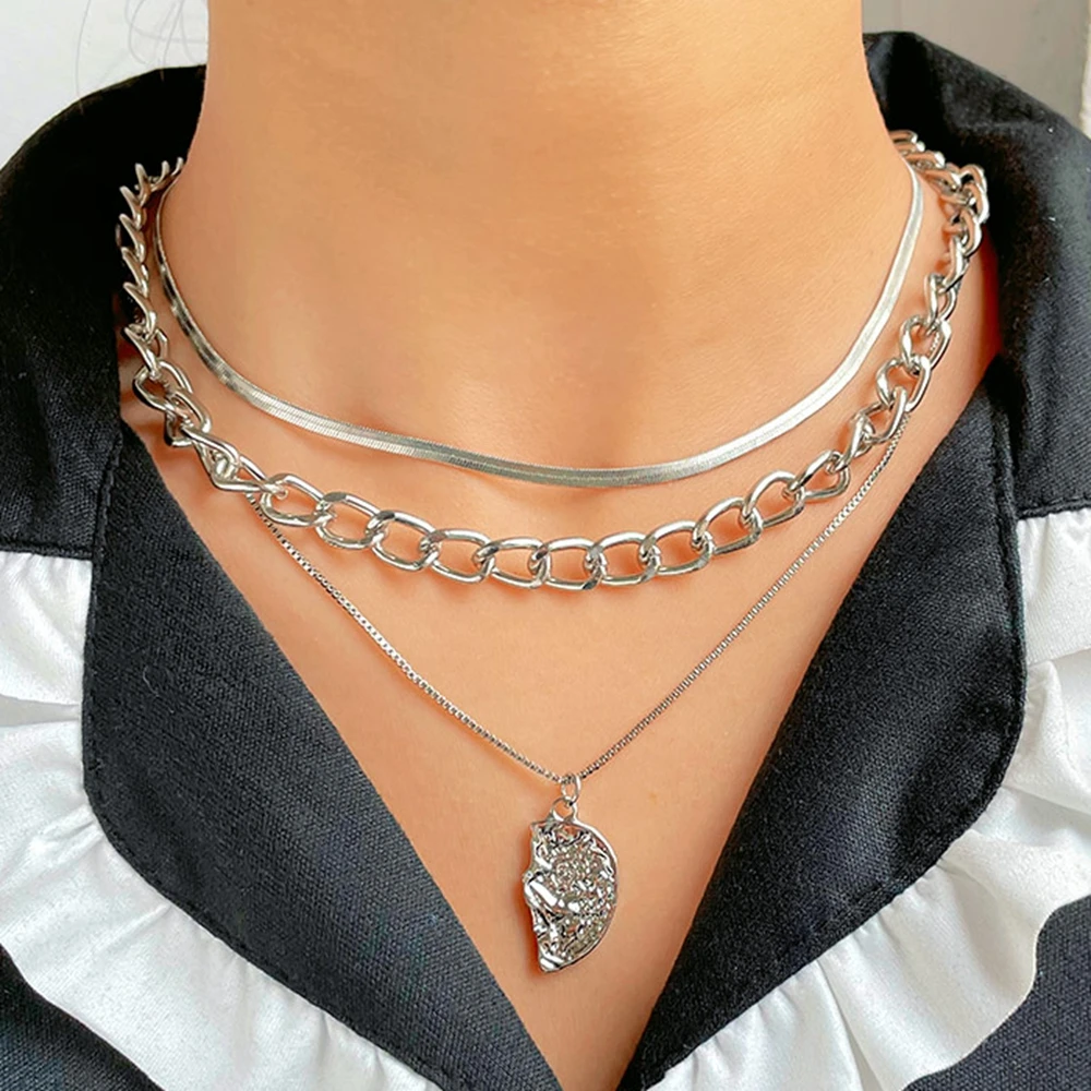 

2021 Vintage Silver Color Multilayer Chain Necklace Women Simple Stainless Steel Snake Chain Irregular Pendant Necklaces Jewelry