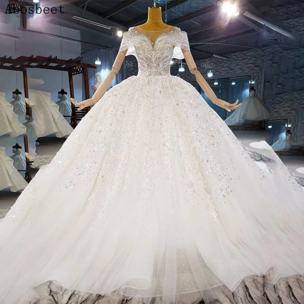 

Elegant Off Shoulder Ball Gown Wedding Dress with 200CM Train Plus Size Bridal Gown Scoop Neck Embroidery Lace Robe Mariee