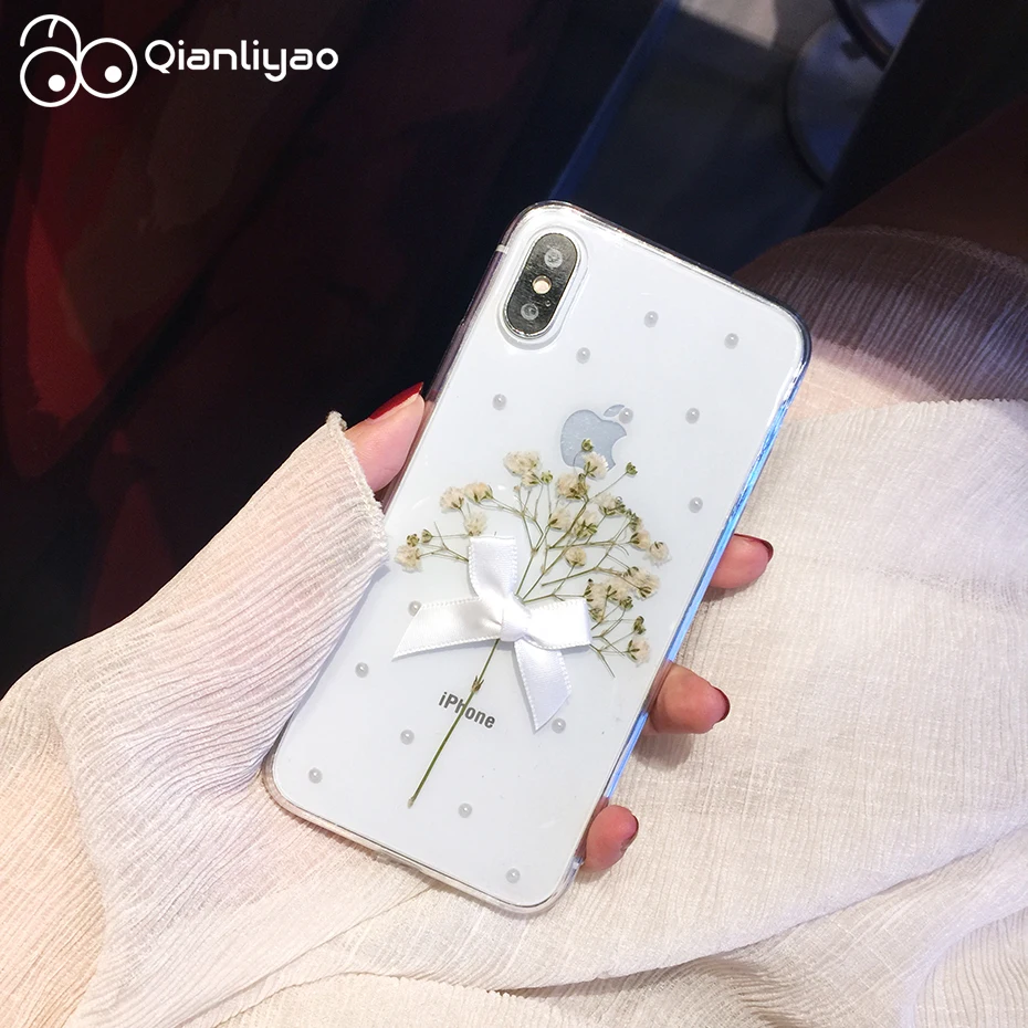 

Qianliyao Dried Real Flower Cases For iPhone X XS Max XR Gold Foil Pearl Bow Cover For iPhone 12 Mini 11 Pro Max 7 8 Plus Case