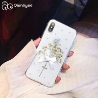 qianliyao dried real flower cases for iphone x xs max xr gold foil pearl bow cover for iphone 12 mini 11 pro max 7 8 plus case