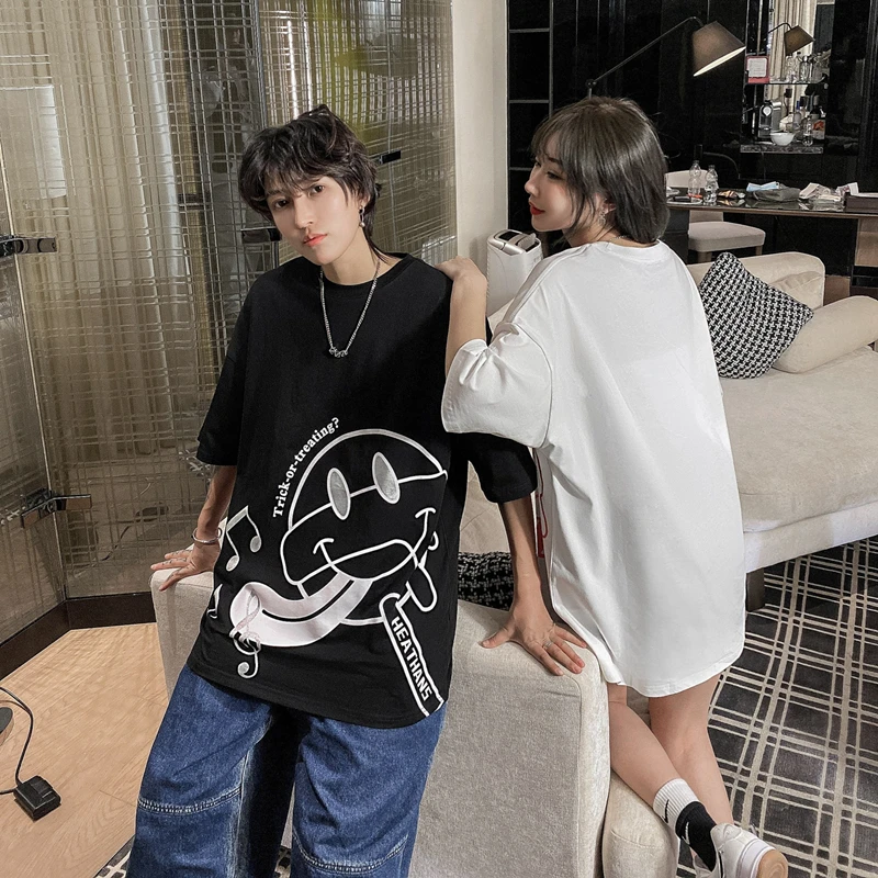 

Dropshipping Harajuku Creative Fun Smiley Print Short Sleeve T Shirts Couple Streetwear Hip Hop Casual Loose 100% Cotton Tshirts