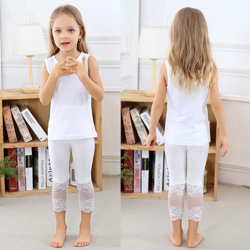 Summer Baby Girls Leggings Children Calf-length Pants Kids Candy Color Modal Lace Stitching Soft Toodler Girl Clothing 2-10y