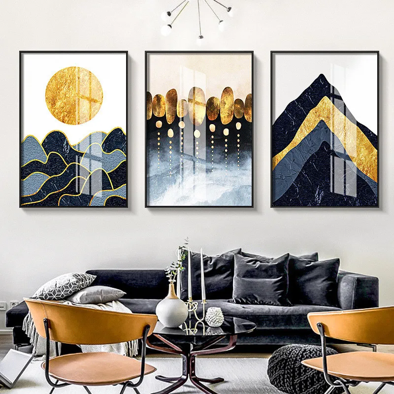

Creative Geometric Abstraction Landscape Mountain Sun Canvas Painting Sofa Background Wall Picture Poster Living Room Decoration