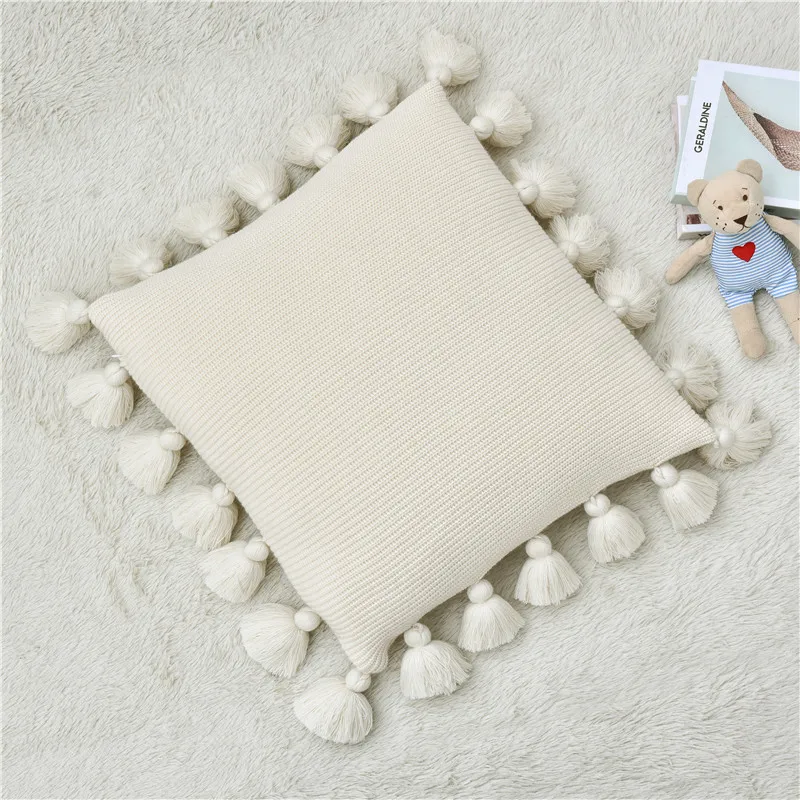 beige with tassel Милая трикотажная Подушка Чехлы с кисточками Мягкий Чехол на подушку наволочка для дивана кровать Вязание наволочка - Цвет: beige with tassel