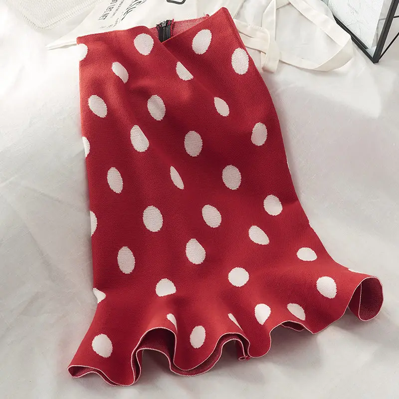 LUOSHA женская трикотажная юбка миди в горошек с оборками Осень-зима 2020 | Женская