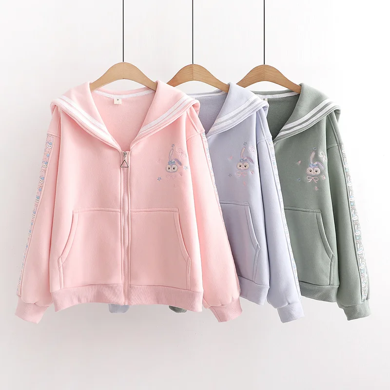 

Pink Fleece Women Zipper Jacket Cartoon Embroidery Cute Coat 2021 Winter Full Sleeve Turndown Collar Sweet Style Ladies Outwears