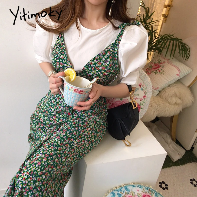 

Yitimoky 2 Piece Sets Women Loose Puff Sleeve O-Neck Shirt and Floral Print V-Neck Slit Camis Dresses 2021 Summer Korean Clothes
