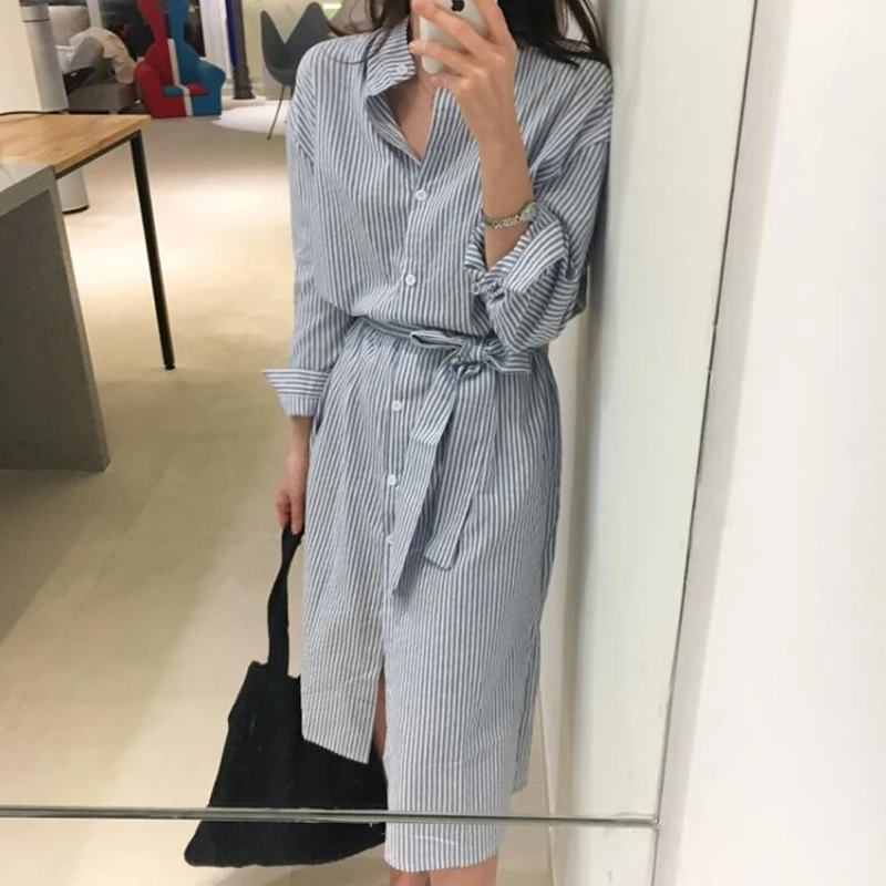 

2019 New spring autumn Korean Striped Shirt Dress With Belt Women Casual Long Sleeve Lapel Dress yy46