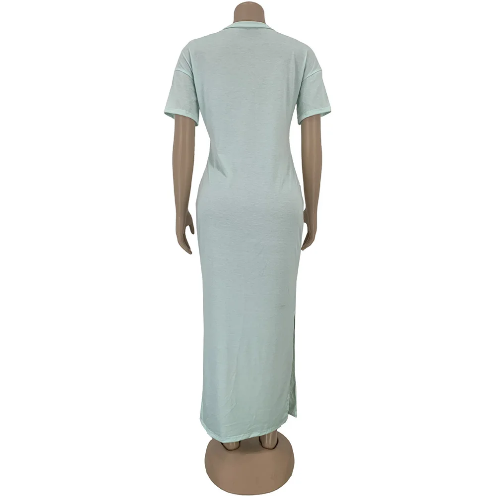 

Elegant Lady Solid Summer Dress for Women Round Neck Short Sleeve Straight Maxi Dress Fashion Side Splited Ankle-length Dresses