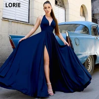 lorie 2021 simple royal blue deep v neck prom party dresses halter sash pleat formal evening dress long gown vestidos de noite