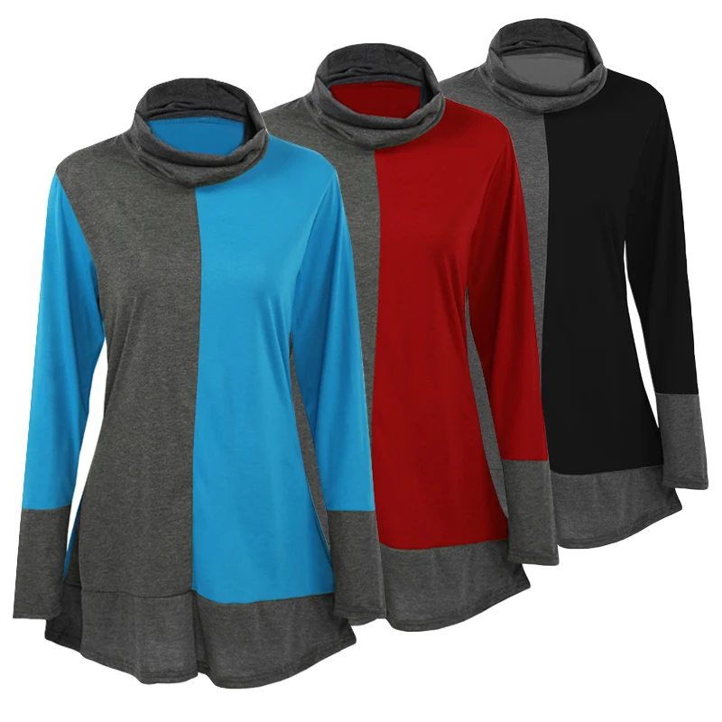 Женская футболка с высоким воротником модная Осенняя контрастных цветов