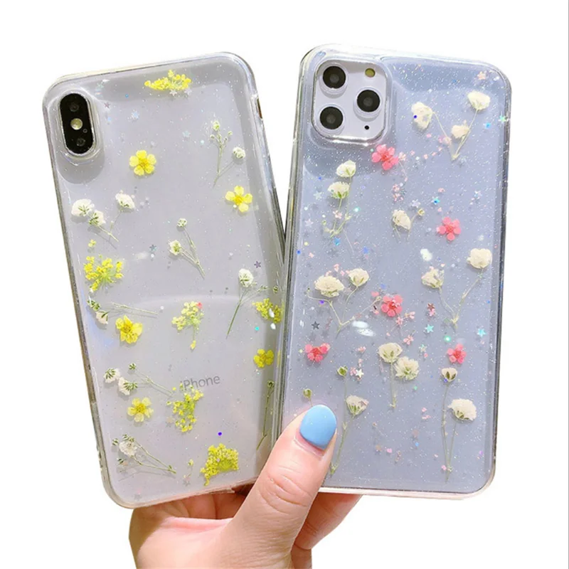 

Real Flower Epoxy Girl Phone Case for Apple 11Pro Max Youth 7/8Plus Fresh Transparent Glitter Protective Case Wholesale