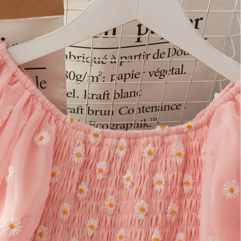 

High Waist Casual Mesh Dress Women 2021 Summer Short Sleeve Daisy Embroidery Streetwear Korean Style Party Dress Female Vestidos