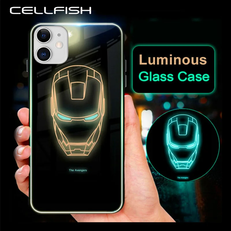 Светящийся в темноте закаленный стеклянный светодиодный чехол для iPhone 11 Pro MAX XS XR 6S 7 8 Plus 7Plus 8 Plus 11Pro Coque Marvel чехол для телефона