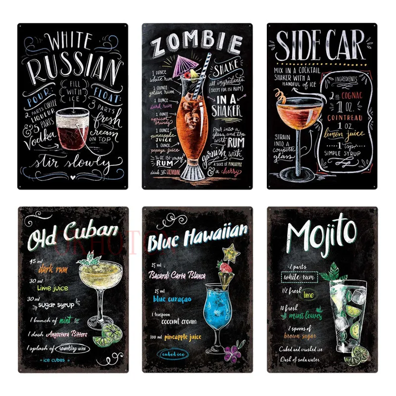 Cocktail Metal Posters Mojito Zombie Tin Sign Vintage Pub Plaque Wall Decor for Bar Club Man Cave Retro Iron Painting | Дом и сад