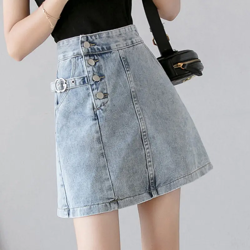 

Short Denim Skirt Women Spring Summer Korean Personality Breasted A-line Wild High Waist Package Hip Jeans Saia Mini Jupe R274