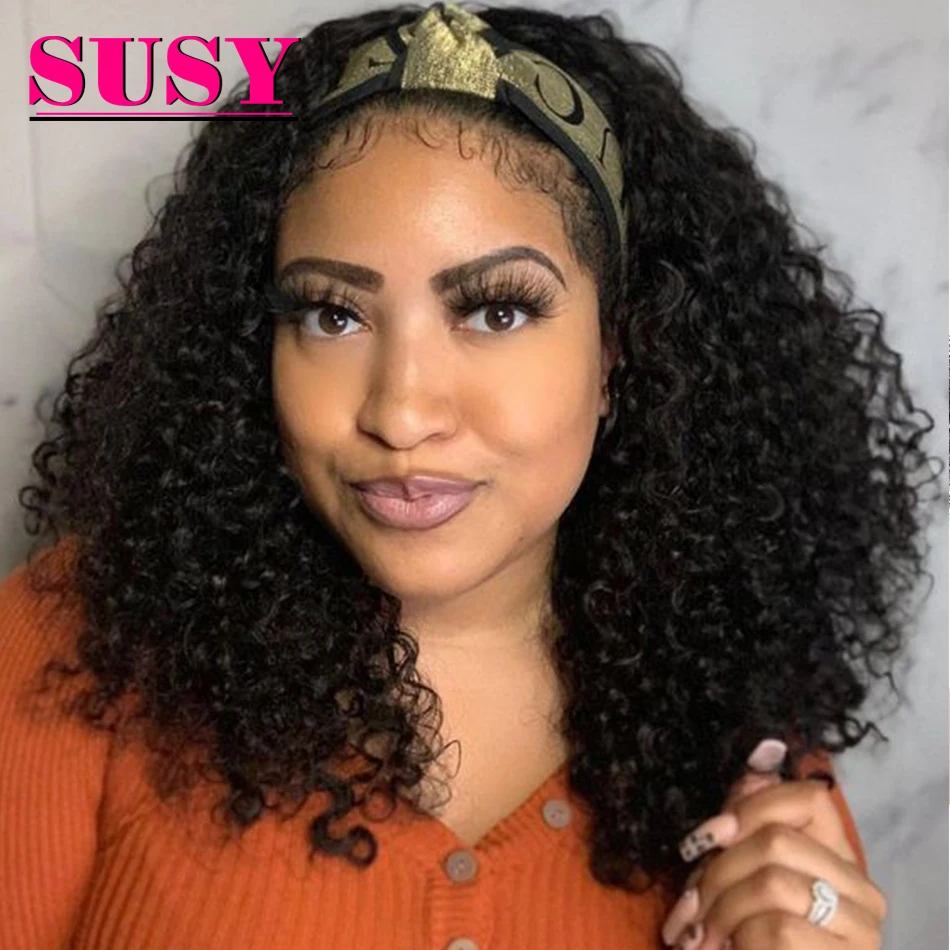 

Headband Wig Afro Kinky Curly Human Hair Wigs Designer Headband For Black Women Mongonlian Scarf Wig With Head Band Attached