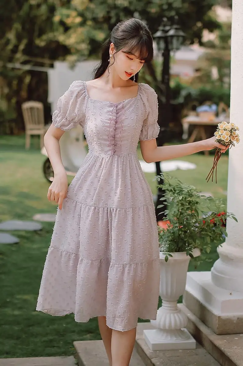 

COIGARSAM Fashion Floral Print Women dress New French Style High Waist Dresses Dreamy Purple 1884