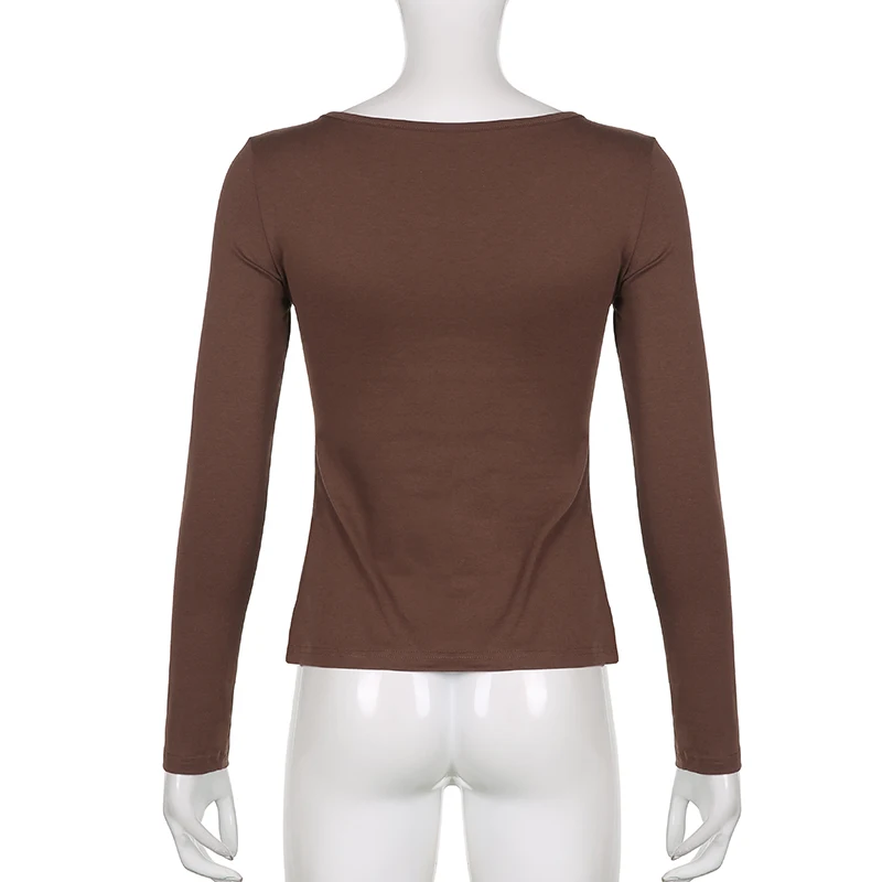 Rockmore Brown Vintage Print Long Sleeve T-Shirt Women Casual O-Neck Top Y2K Aesthetic Basic Graphic Baby Tees 90s Fairy Grunge