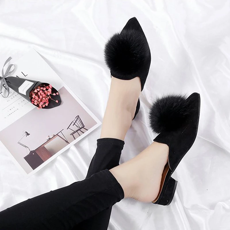 Мюли женские летние Осенние милые меховые шлепанцы квадратные искусственные