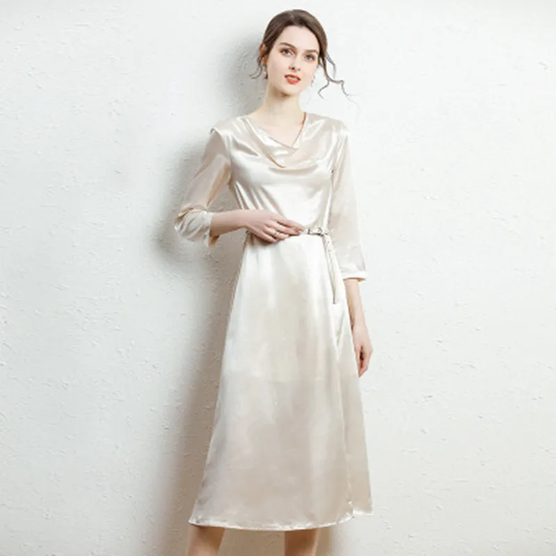 

Brand Design High End Women's Dresses Three Quarter Sleeve Silk Dress Autumn Office Lady Vintage Sexy Party Midi A Line Dress