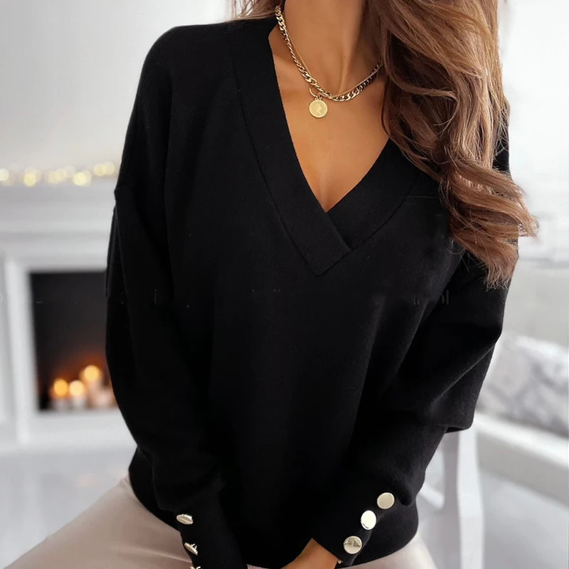 

Spring Summer Simple Solid Long Sleeve Blouse Women Sexy V-Neck Button Bottoming Shirt Top Casual Office Lady Pullover New Blusa