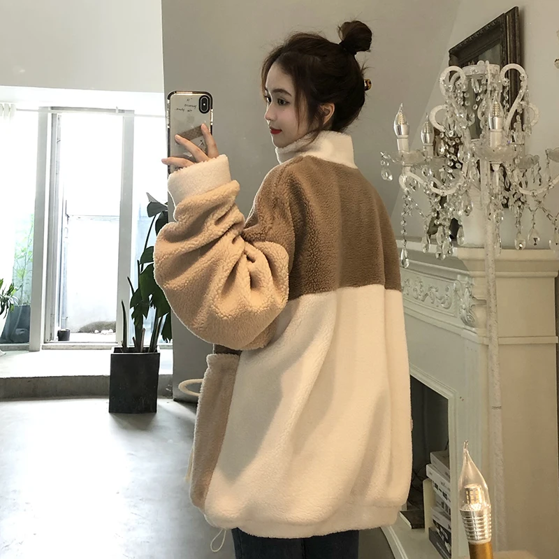 

HWLZLTZHT 2020 Autumn Winter Warm Lambswool Patchwork Jacket Coat Women Chic Pockets short Overcoats Female Casual Loose Outwear