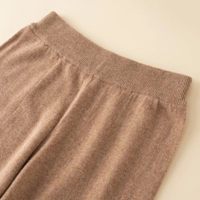 Women's 100% Cashmere And Wool Soft Waxy Comfortable Camel Pants Female Pure Knitted Wide Leg Pants Elastic Casual Loose Knitte