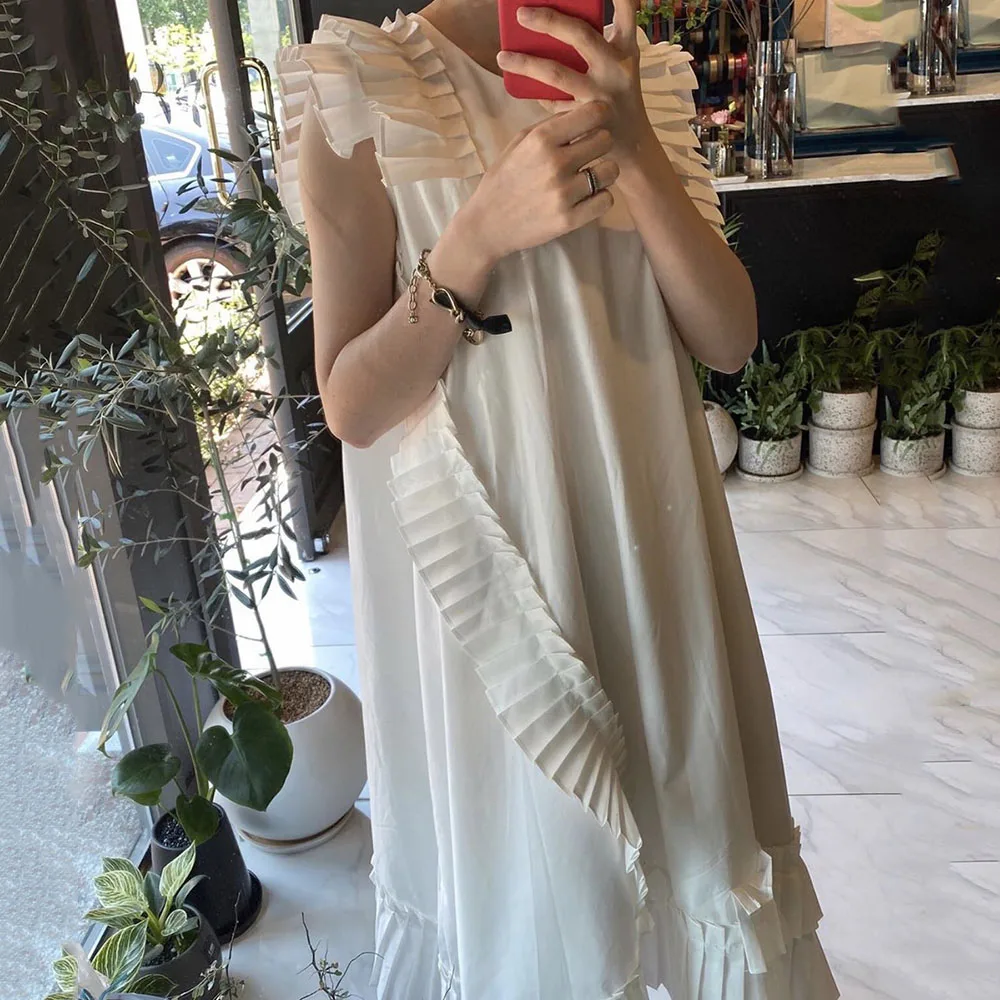 Корейский шик темперамент дизайн давление плиссированные шить круглый вырез