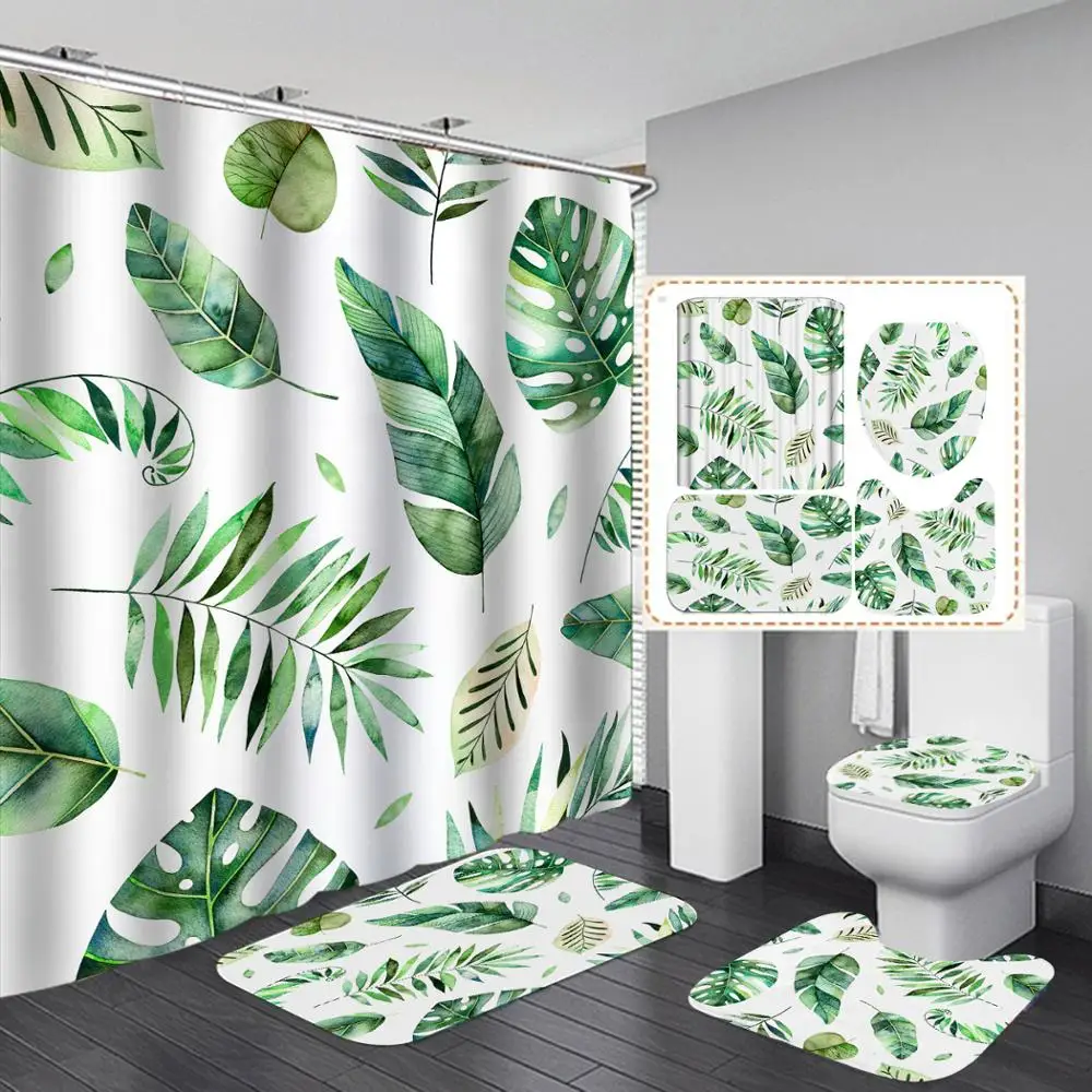 

cactus Shower Curtain 4 Piece Carpet Cover Toilet Cover Bath Mat Pad Set Bathroom Curtain with 12 Hooks