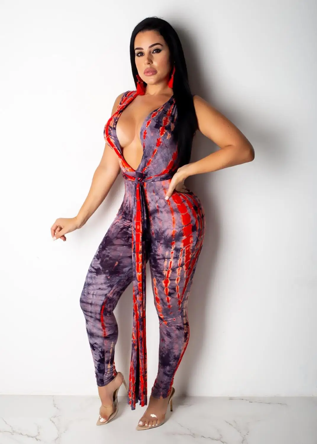 Новый сексуальный комбинезон с v образным вырезом и принтом комбинезоны поясами