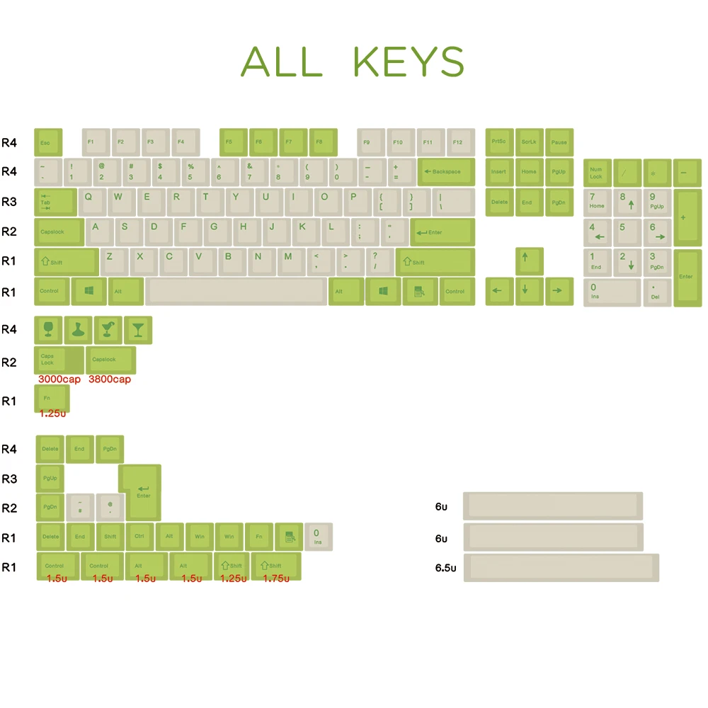 JKDK зеленые и белые колпачки для клавиш цвета шампанского с краской в виде