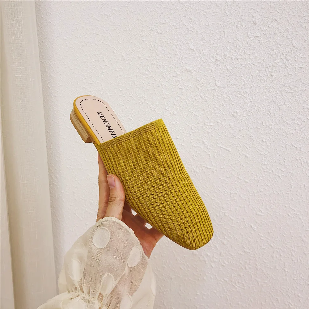 Мюли SLHJC женские на низком квадратном каблуке вязаная ткань стрейч без застежки