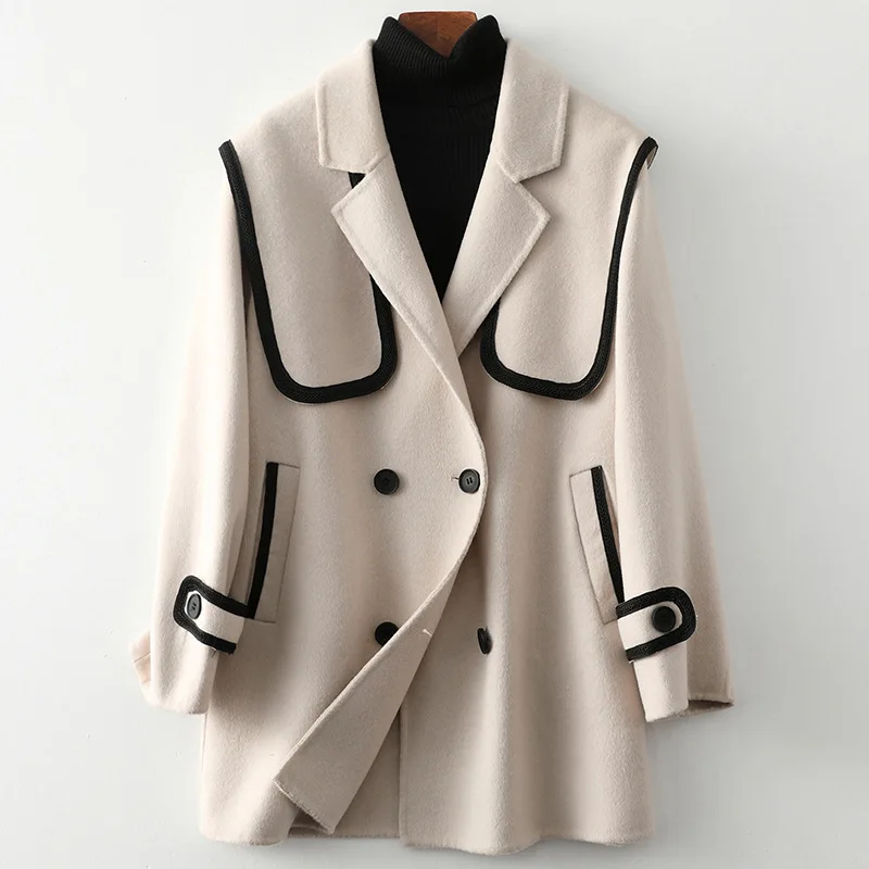 

Spring Double-sided Woolen Coat Women's Black Loose Solid Color Commuter Double Breasted New Woolen Jacket Medium Length