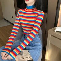 winter rainbow knitted women sweaters and long sleeve casual o neck pullovers sueter mujer tops striped turtleneck jumper