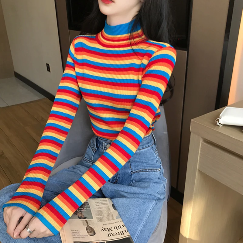 Winter Rainbow Knitted Women Sweaters And Long Sleeve Casual O-Neck Pullovers Sueter Mujer Tops Striped Turtleneck Jumper | Женская