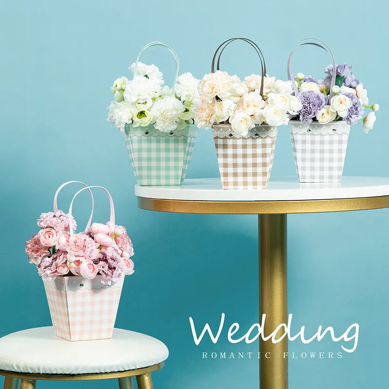 

4pcs/lot Plaid Tote Bag Flower Bouquet Gift Bag Flower Shop Trapezoid Rectangle Gift Box Flower Packaging Material