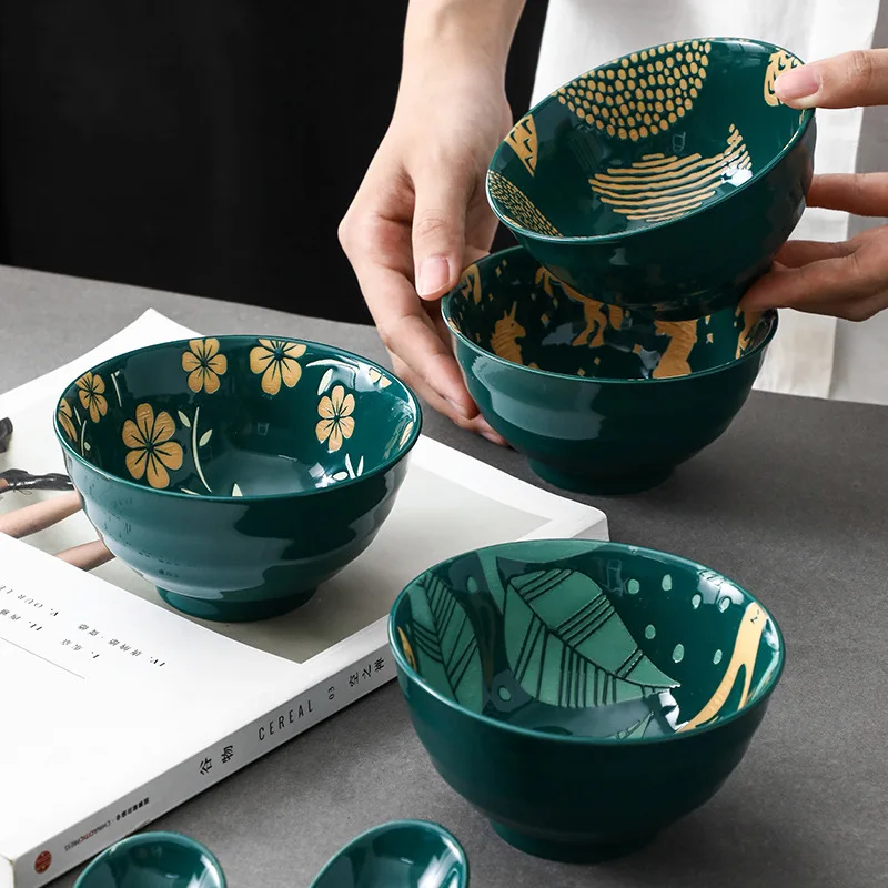 

Japanese-style 4.5-inch threaded bowls eat rice bowls and ceramic dark green glazed household dessert bowls