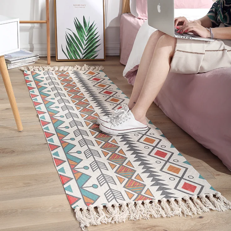 

Luxury Bohemia Ethnic Style Cotton Linen Soft Carpet Handmade Tassel Rug Living Room Bedside Floor Mat Pad Home Decoration