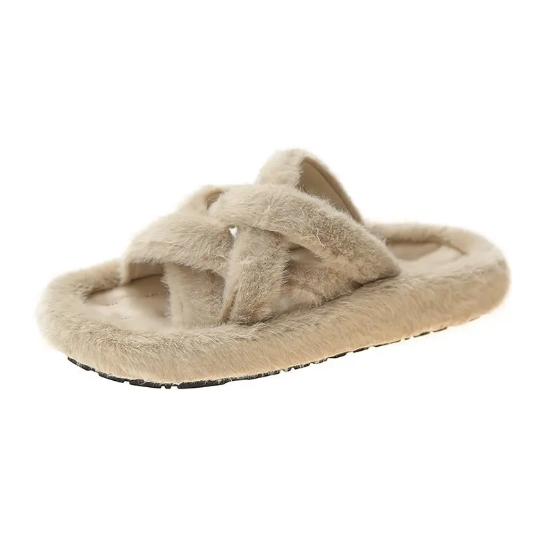 

Winter Home Women Fur Slippers Trend Weave Faux Fur Ladies Mules Slides Plush Warm Bedroom Flats Women Furry Slippers Drop Ship
