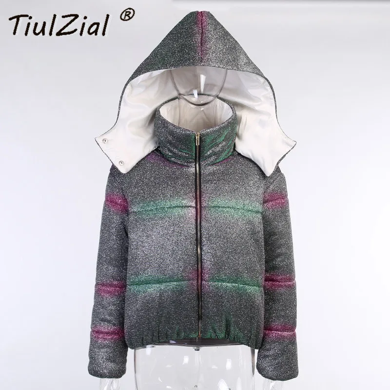 

TiulZial Fashion Shine Hooded Bubble Coat Winter Oversized Jacket Parkas Coat Autumn Glitter Padded Puffer Jackets Female 2020