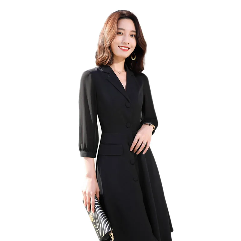 

Black&green Women Elegant Dress turn down collar Office Lady Shirt Dress irregular Three Quarter sleeve femme Dresses Vestidos