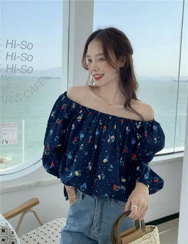 

COIGARSAM Full Sleeve blouse women Summer Loose Floral Print blusas womens tops and blouses Blue Apricot 6705