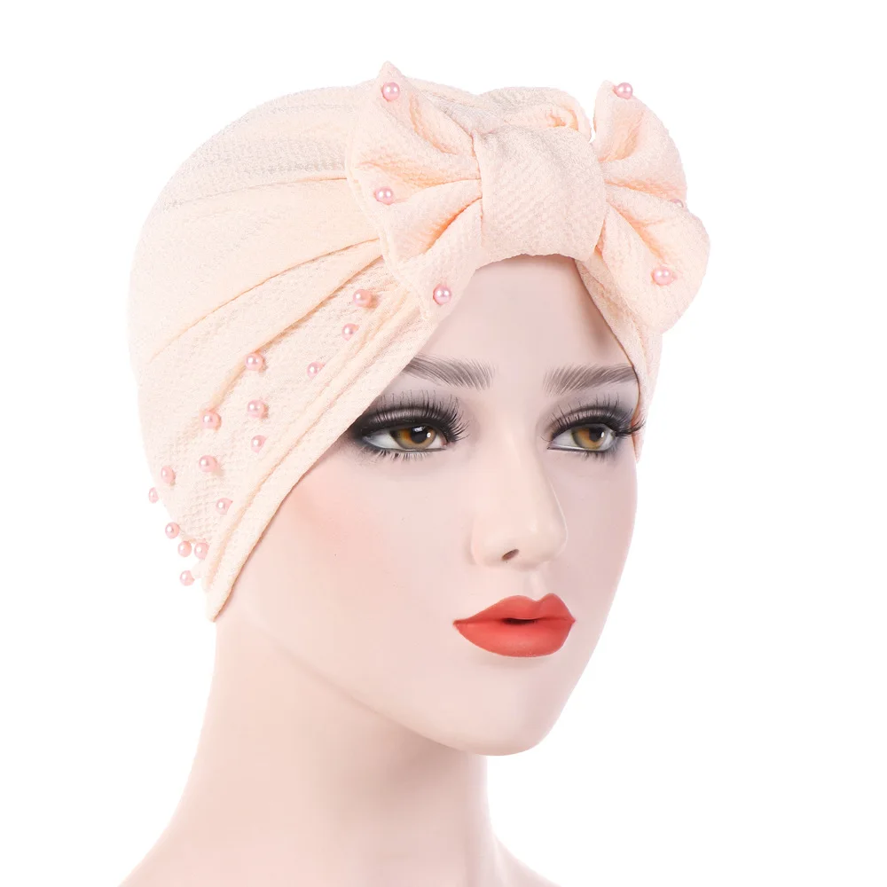 

Indian Turban Hat detachable bow stud pearl Muslim solid color headtie