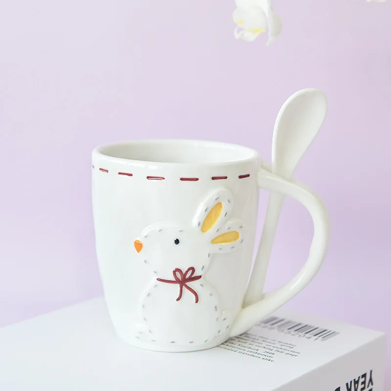 

Embossed Rabbit Mug with Spoon Cute Water Cup Home Office Dining Drinking Milk Coffee Mug