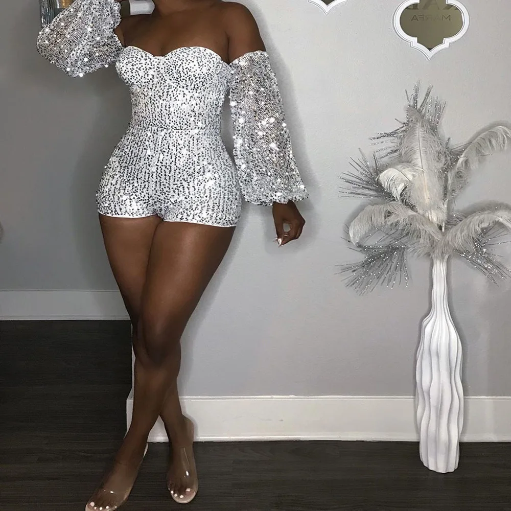 Fuedage Sequins сексуальный женский комбинезон, блестящий Блестящий бодикон с открытой спиной, женский комбинезон с открытыми плечами, костюмы с рукавами-фонариками