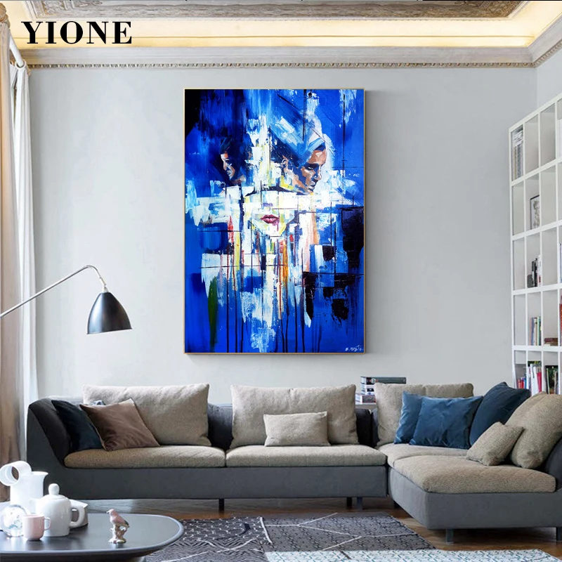 

Blue Abstract Portrait Oil Painting Custom Art Woman Man Face Graffiti Canvas Poster Wall Print Picture for Bedroom Home Decor